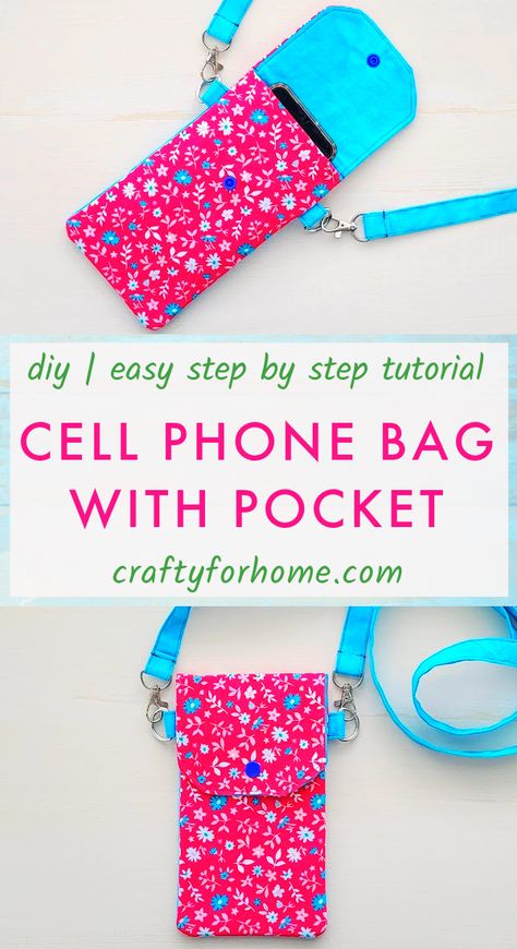 Pink and blue fabric for cell phone bag with pocket and strap. Diy Phone Pouches, Diy Phone Bag, Cell Phone Holder Diy, Phone Purse Pattern, Crossbody Bag Tutorial, Pouch Ideas, Phone Bag Pattern, Cross Body Bag Pattern, Iphone Pouch