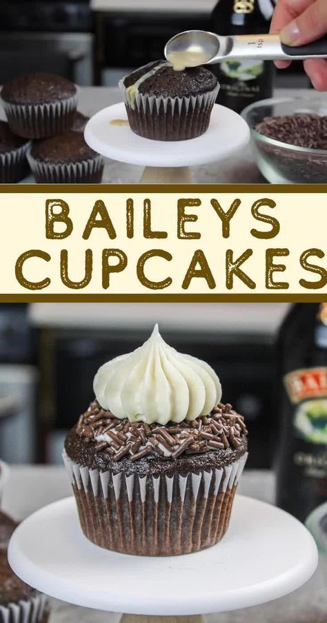 Baileys Frosting, Baileys Cupcakes, Boozy Cupcakes, Baileys Recipes, Moist Cupcakes, Alcoholic Desserts, Boozy Desserts, Cupcake Recipes Chocolate, Gourmet Cupcakes