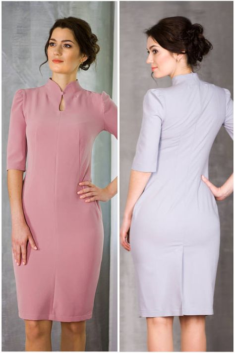 Uniform Dress Styles For Work, Simple Office Dress Styles, Elegant Purple Dress, Elegant Purple Dresses, High Neck Dress Formal, Black Dresses For Women, Office Wear Dresses, Mandarin Dress, Career Outfits