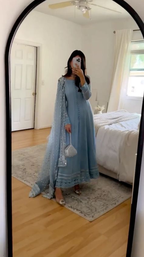 Light Blue Anarkali Dress, Light Blue Desi Dress, Eid Inspo Outfits Pakistani Simple, Ice Blue Nikkah Dress, Eid Dress Inspo Pakistani, Eid Fits Pakistani, Farewell Dresses Pakistani, Anarkali Dress Casual, Blue Pakistani Outfit