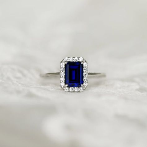 Blue emerald cut halo ring Sapphire Engagement ring | Etsy Sapphire Womens Ring, Emerald Cut Sapphire Ring Vintage, Silver Engagement Rings Sapphire, Rectangle Sapphire Engagement Ring, Saphire Blue Jewelry, Emerald Sapphire Engagement Ring, Saphire Engament Ring Emerald Cut, Saphire Engament Ring Unique, Sapphire Ring White Gold