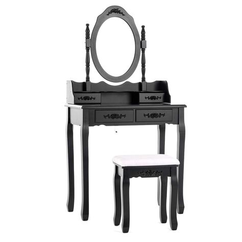 PRICES MAY VARY. MAKEUP VANITY-Black makeup table, 4 storage drawers, oval rotating mirror, a free cushioned stool. Perfect size for girls women, the best choice for your wife/daughter as a gift! MAKEUP VANITY WITH MIRROR-The mirror can be 360° spinning and adjusted to your preference, and the top part of the dressing table is detachable VANITY WITH STORAGE-4 drawers and large table surface give you enough space to store all your things, a drawer with a divider to place your items more neatly VA Oval Mirror Bedroom, Black Makeup Table, Gothic Vanity, Black Bedroom Sets, Bedroom Vanity Set, White Bedroom Set, Vanity Makeup Table, Makeup Dressing Table, Mirror Stool