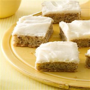 Frosted Banana Bars Recipe -These bars are always a hit at potlucks here in the small rural farming community where my husband and I live. I also like to provide them for coffee hour after church. They're so moist and delicious that wherever I take them, they don't last long. —Karen Dryak, Niobrara, Nebraska Frosted Banana Bars, Banana Bars Recipe, Banana Bars, Cake Bars, Bars Recipe, Köstliche Desserts, Banana Recipes, Cookie Desserts, Sweets Treats