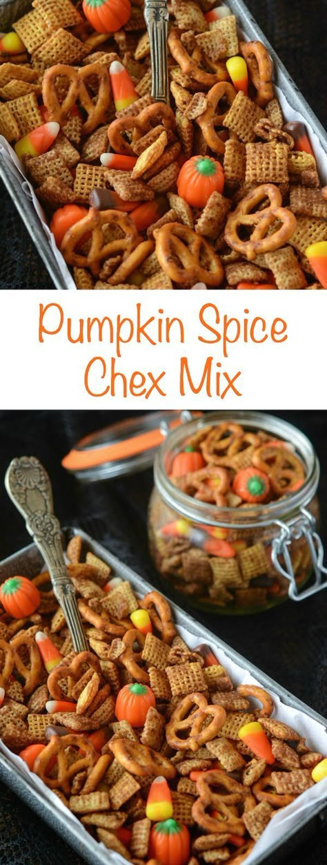 Pumpkin Spice Chex Mix - you can make it in the oven or microwave! Pumpkin Trail Mix Recipes, Cereal Mixes, Fall Chex Mix Recipes, Caramel Chex Mix, Caramel Chex, Check Mix, Snack Jar, Baking Contest, Halloween Snack