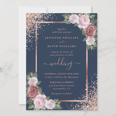 Elegant custom navy blue, blush and rose gold floral wedding invitation featuring blush pink roses and rose gold confetti framing all the important wedding details. Rose Gold And Blue Wedding Invitations, Navy Blue And Dark Pink Wedding, Dusty Rose And Navy Blue Wedding, Navy Blue And Rose Gold Wedding, Rose Gold And Navy Blue Wedding Theme, Rose Gold Navy Wedding, Navy Quince, Navy Rose Gold Wedding, Navy And Rose Gold Wedding