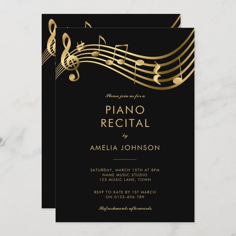 Concert Invitation Design, Concert Invitation, Gold Music Notes, Orchestra Concerts, Piano Recital, Invitation Background, Electronic Invitations, Music Design, Invitation Card Design