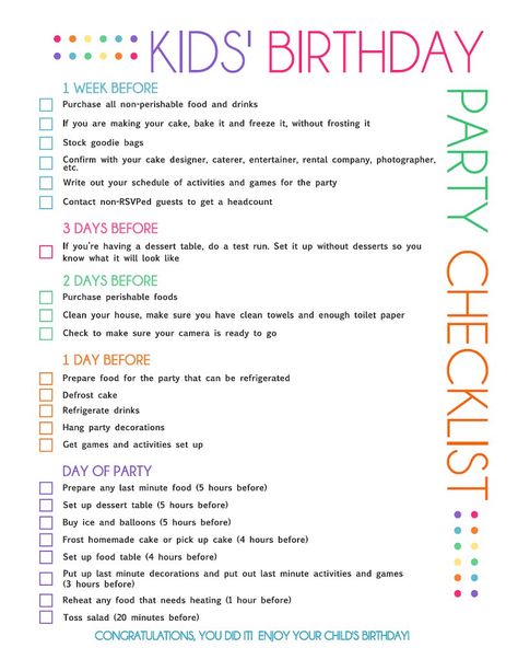 Kids birthday Party Checklist! With this checklist, you no longer have to wonder when to order the cake or when to send out the invitations, because it's all here. Just print out this list and you're ready to go! Timeline planning food prep to do list Birthday Checklist, Kids Birthday Party Planner, Birthday Party Planning Checklist, Checklist For Kids, Birthday Party Checklist, Kids Party Planning, Party Planning Checklist, Birthday Party Planner, Party Checklist