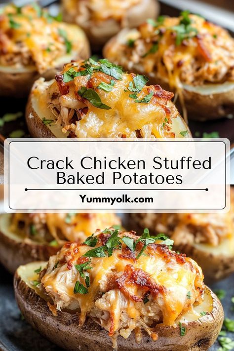 **Cheesy Crack Chicken Stuffed Baked Potatoes**

A hearty and delicious meal, these stuffed baked potatoes are packed with flavor. Creamy chicken, crispy bacon, and melted cheese make the perfect combination.

#bakedpotatoes #chicken #cheese #comfortfood #dinner #recipe #cooking #food #foodie #homecooking Rotisserie Chicken Baked Potato, Twice Baked Potatoes With Chicken, Stuffed Potatoes With Chicken, Baked Potato Chicken Pot Pie, Chicken And Baked Potato Meals, Baked Potato With Chicken, Baked Potatoes Recipes Stuffed, Stuffed Baked Potatoes In The Oven, Baked Potato Recipes Stuffed