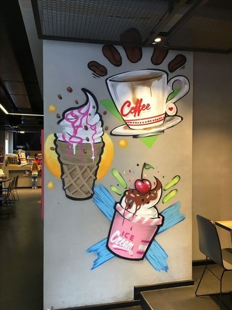 Ice Cream Shop Wall Mural, Cafe Wall Art Murals, Graffiti Cafe, Mural Cafe, Selfie Wall, Cafe Wall Art, Kiosk Design, Diy Home Decor Ideas, Wall Drawing