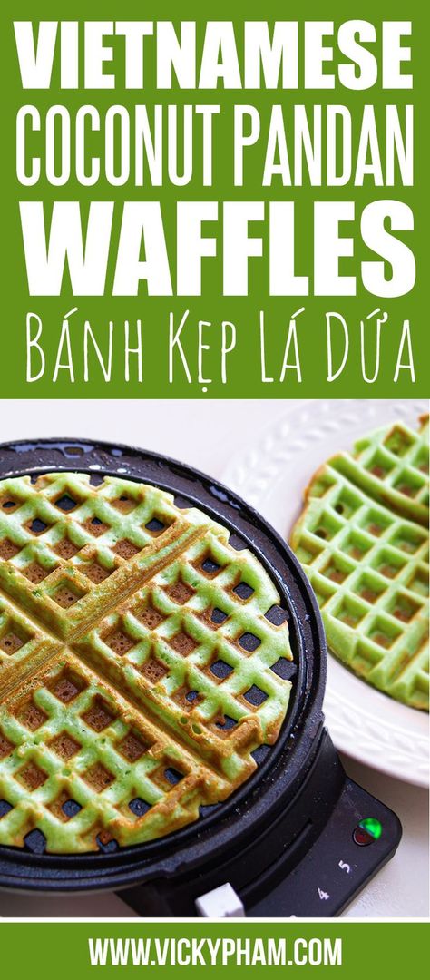 Vietnamese Coconut Pandan Waffles (Banh Kep La Dua) — Vicky Pham | Recipe | Pandan waffle, Waffle iron recipes, Waffle recipes Coconut Pandan Waffles, Vietnamese Pandan Waffle Recipe, Pandan Waffle Recipe Vietnamese Dessert, Pandan Waffles Vietnamese, Vietnamese Waffle Recipe, Pandan Extract Recipes, Vietnamese Breakfast Recipes, Pandan Waffle Recipe, Pandan Sticky Rice