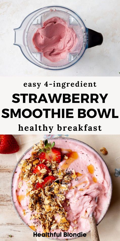 This 4 ingredient homemade smoothie bowl with Greek yogurt is high in protein, healthy, and super refreshing. Top this strawberry banana smoothie bowl with your favorite granola for the perfect healthy breakfast, snack, or dessert! Smoothie Bowl With Granola, Smoothie Bowl Meal Prep, Strawberry Smoothie Bowl Recipe Easy, Pomegranate Smoothie Bowl, At Home Smoothie Bowl, Low Cal Smoothie Bowl, Healthy Yogurt Bowls, High Protein Smoothie Bowl, Yogurt Bowl Ideas