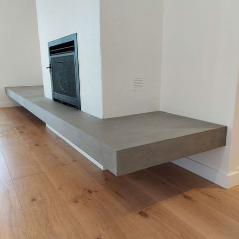 Fireplace Hearth Bench, Concrete Fireplace Hearth, Fireplace Bench, Hearth Design, Modern Woodburner, Concrete Hearth, Fire Hearth, Concrete Bench, Concrete Fireplace