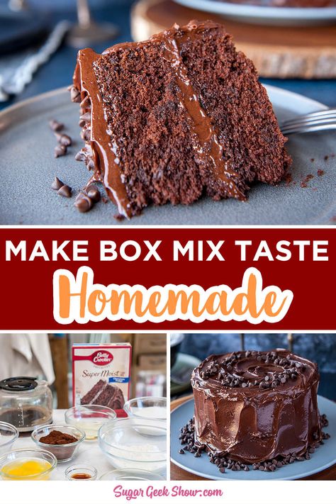 Not quite ready to bake from scratch but want your cake to taste homemade? Try doctoring your chocolate box mix with sour cream, coffee and butter! These added ingredients make your box mix taste so much better (almost like homemade) but just as easy as mixing up a box. #boxmix #chocolate #doctored #easy #cakemix #chocolatefrosting #baking Chocolate Cake Recipe With Box Cake, How To Make A Box Chocolate Cake Better, Better Chocolate Box Cake, Chocolate Wasc Cake Recipe, Sprucing Up Box Cake, How To Make Chocolate Box Cake Mix Taste Homemade, How To Make Chocolate Box Cake Taste Like Bakery, How To Enhance A Chocolate Box Cake, How To Improve Chocolate Box Cake