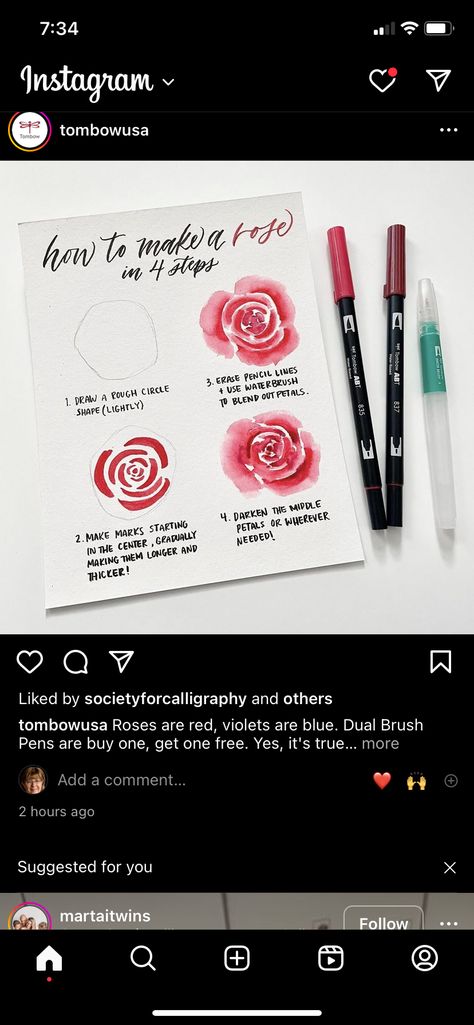 Tombow Dual Brush Pen Drawings, Brush Pen Flowers, Tombow Brush Pen, Tombow Markers, Art Learning, Brush Pen Art, Calligraphy Workshop, How To Make Rose, Watercolor Brush Pen