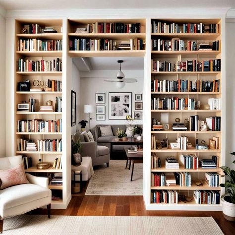 Divide A Room With Bookcases, Library Basement Ideas, Bookshelves To Divide Room, Bookshelf As Wall Divider, Bookshelf Wall Divider Bedrooms, Double Sided Bookcase Room Dividers, Library Dividers Bookshelves, Bookcase Partition, Bookcase Room Divider Ideas