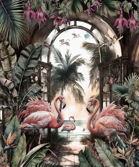 Tropical Pattern Wallpaper, Flamingo Birds, Arch Background, Makeup Studio Decor, Wallpaper Leaf, Royal Wallpaper, Plan Paris, Flamingo Wallpaper, Tropical Painting