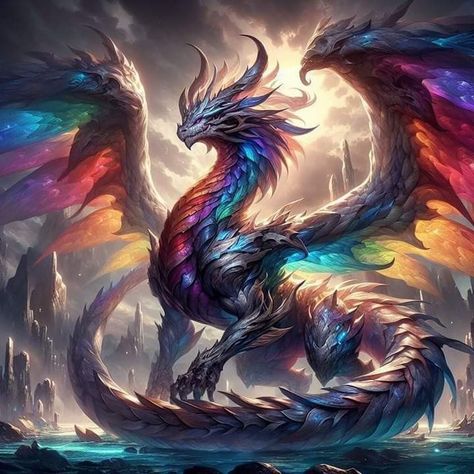 Fantasy Dragon Concept Art, Prismatic Dragon, Dragon Fantasy Art, Tiamat Dragon, Neon Dragon, Elemental Dragons, Rainbow Dragon, Legendary Dragons, Mythical Creatures Fantasy