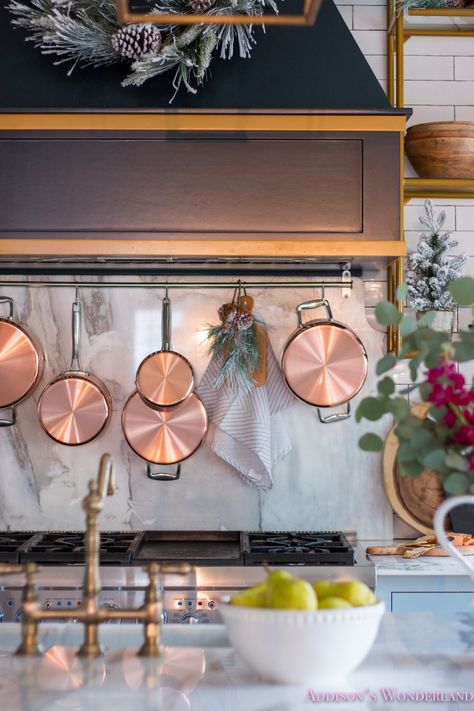 Our Christmas Kitchen with A New Copper Pot Rack Behind the Stove! - Addison's Wonderland Copper Pot Rack, Copper Pots Display, Cookware Display, Kitchen Styling Modern, Natural Tile, Hosting Christmas, Copper Cookware, Big Kitchen, French Country Kitchen