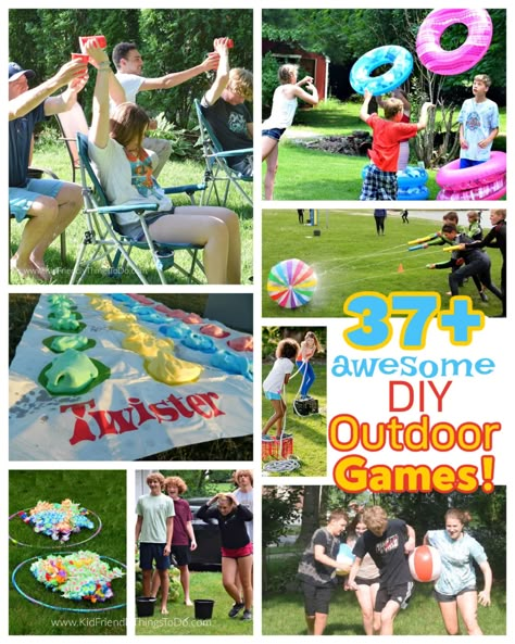 Outdoor Summer Games the entire family will enjoy. These are easy DIY game ideas are perfect for hot summer days and summer parties with kids, teens, and adults. Water games, relay races, DIY summer games, party games, and more to keep the kids busy in our backyard, for school field day, backyard parties, and family reunions. www.kidfriendlythingstodo.com Summer Family Games Ideas, Kids Summer Olympics Games, Diy Outdoor Games Family Activities, Summer Family Olympic Games, Summer Activities For 10 Years, Team Olympic Games Party Ideas, Water Field Day Activities, Summer Olympic Games For Adults, Family Camp Games