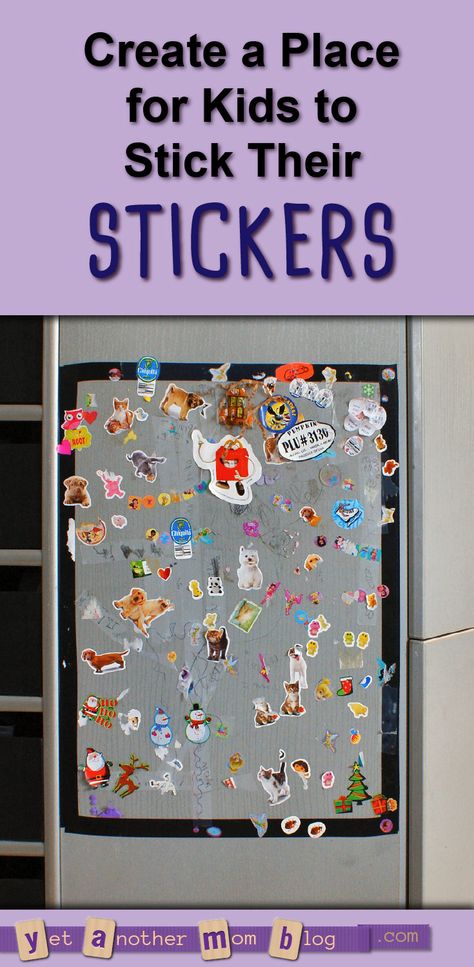 Create a Place for Kids to Stick Their Stickers... give them a special spot to put their stickers on display without damaging your walls and furniture! Sticker Board Ideas Wall, Displaying Stickers Collection, Ideas For Stickers Collection, Sticker Collage Display, Sticker Placement Ideas, What To Decorate With Stickers, Sticker Board Ideas, Sticker Display Ideas Wall Art, How To Display Stickers