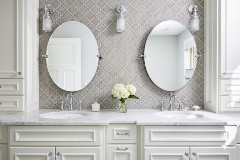 New Home Addition Project Reveal: Prior Lake | Carla Bast Design Arabesque Bathroom, Vanity Mirror Storage, Tub Shower Ideas, Laundry Addition, Arabesque Tile Bathroom, Mediterranean Bathroom Ideas, Bathroom Remodel Design Ideas, 2nd Floor Addition, Bathroom Restoration