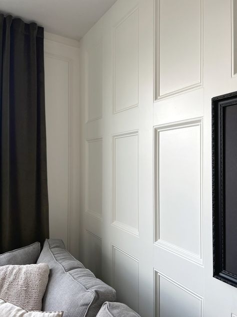 Recessed Wainscoting Panels: DIY Living Room Wall | Our Aesthetic Abode Diy Living Room Wall, How To Paint Trim, Black Trim Interior, Paint Trim, Painted Interior Doors, Fancy Bedroom, Diy Living Room, Black Paint Color, Wainscoting Panels