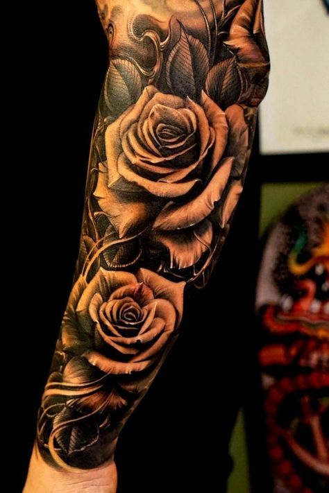 Half Sleeve Flower Tattoo, Half Sleeve Rose Tattoo, Men Flower Tattoo, Rose Tattoo On Arm, Rose Tattoo Sleeve, Rose Sleeve, Rose Tattoos For Men, Female Tattoos, Cross Tattoo For Men