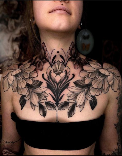 Geometric Throat Tattoo, Chest Tattoo Flowers, Women Sternum Tattoo, Chest Neck Tattoo, Mandala Sternum Tattoo, Front Shoulder Tattoos, Sternum Tattoos, Underboob Tattoo Designs, Backpiece Tattoo