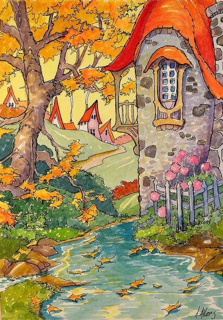 The Autumn Pool Storybook Cottage Series | by cottagelover1953 Art Deco Cottage, Cottage Illustration, Cottage Painting, Storybook Art, Storybook Cottage, Hur Man Målar, Cottage Art, Arte Inspo, Fairytale Art