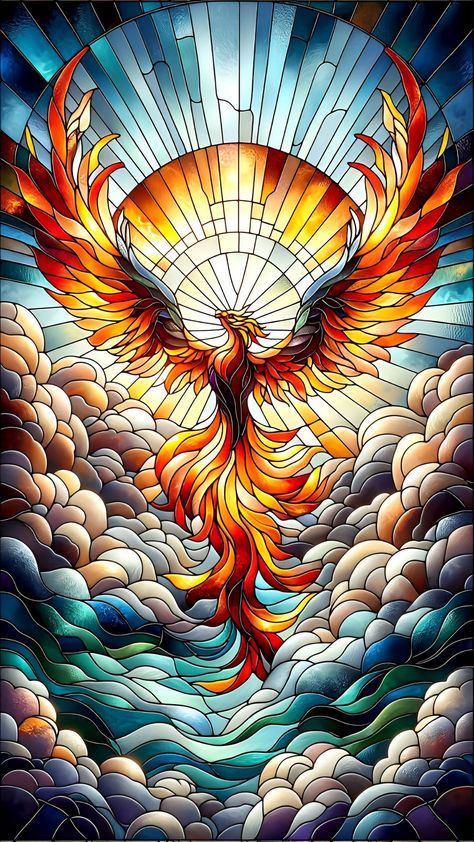 Flying Phoenix Tattoo, Real Batman, Phoenix Artwork, Phoenix Images, Stain Glass Window Art, Phoenix Art, Glass Window Art, Phoenix Bird, Sun Sky