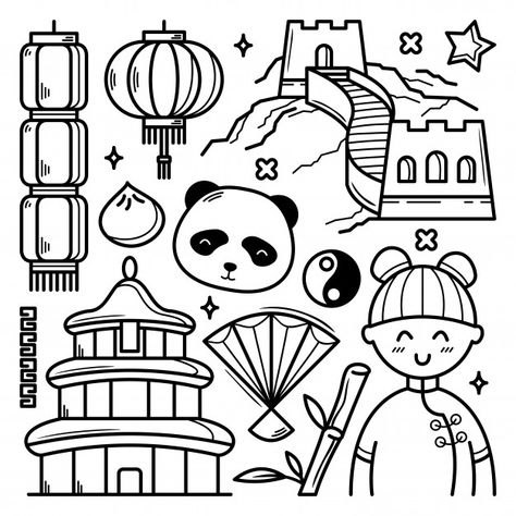 Chinese Doodles Art, Chinese Doodles Drawing, China Doodle, Chinese Culture Design, Chinese Celebrations, Hand Cartoon, Chinese Drawing, Mirror Drawings, Chinese Drawings