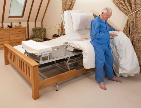 An electrically operated adjustable bed that also provides powered rotational assistance to get you in and out independently Bed Bases, Adjustable Bed Base, Bed Legs, Adjustable Bed, Hospital Bed, Unique Beds, Chair Bed, Getting Out Of Bed, Bed Base