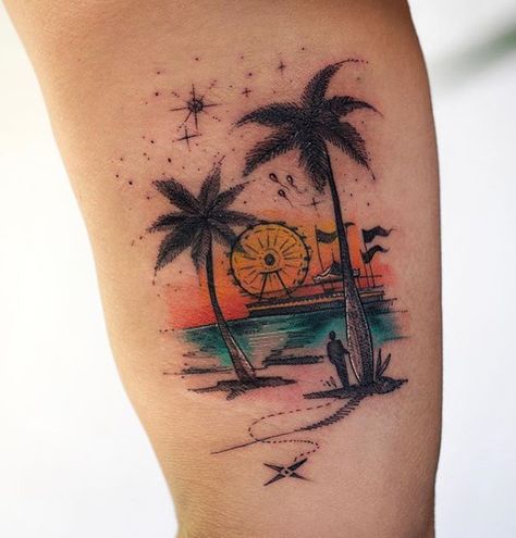 Niece Tattoo, Beach Inspired Tattoos, Beach Tattoo Ideas, Tatuagem Masculina Pequena, Palm Tattoos, Most Famous Artists, Sand And Sea, Beach Tattoo, Tatuaje A Color