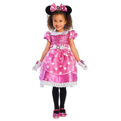 PRICES MAY VARY. Authentic Disney Costume Two-piece set includes dress and gloves Pink satin party dress with lace hem Sparkling pieced bodice with overlapping seams Two-piece set includes dress and gloves They'll look so pretty-in-pink wearing this charming Minnie Mouse costume. Her signature polka dots decorate this shimmering dress which features pleated bodice, puffed sleeves, satin collar and bow with sparkling heart brooch! Coordinating Minnie gloves complete the look. Minnie Mouse Costume For Kids, Minnie Costume, Shimmering Dress, Aurora Costume, Sally Costume, Dress And Gloves, Rapunzel Costume, Minnie Mouse Costume, Belle Costume