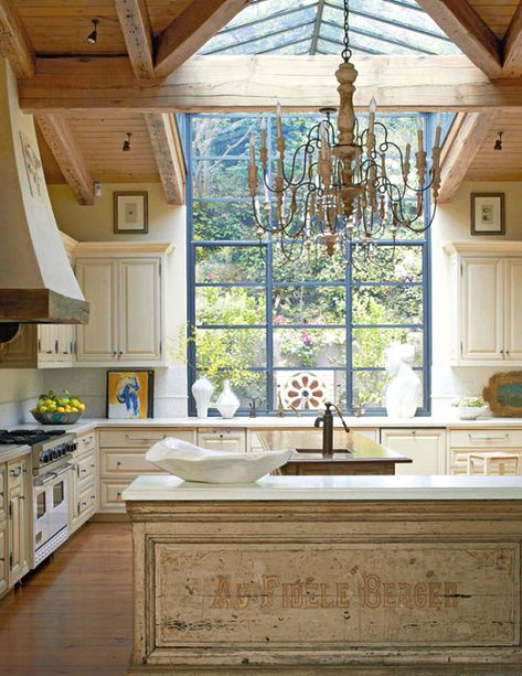 Antique oak beams, French accents and a huge skylight make for a spectacular kitchen! Small French Country Kitchen, Rustic Farmhouse Style Kitchen, French Country Kitchen Designs, French Farmhouse Kitchen, Makeover Kitchen, Wallpaper Kitchen, Kitchens Design, Country Kitchen Designs, French Farmhouse Decor