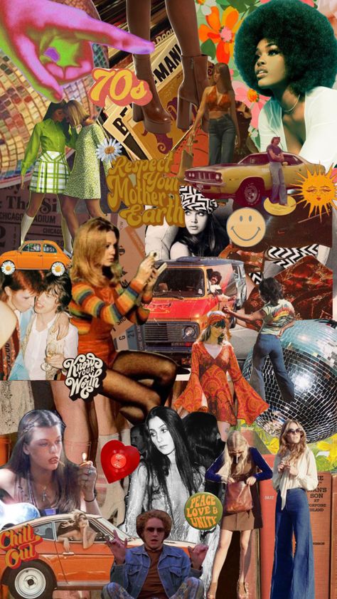 Decades Party Aesthetic, Pop Culture Mood Board, Groovy Vibes Aesthetic, 60s Groovy Aesthetic, 70s Festival Fashion, 70s Aesthetic Collage, Retro Moodboard Aesthetic, Anni 70 Aesthetic, 1970s Moodboard