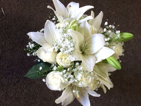 Wedding Flowers Lillies And Roses, White Lily And Rose Bouquet, Lily And Baby Breath Bouquet, Lily Prom Bouquet, Rose And Baby Breath Bouquet, Bridal Bouquet Lilies, Lily And Rose Bouquet, Wedding Bouquets White, Rose And Lily Bouquet