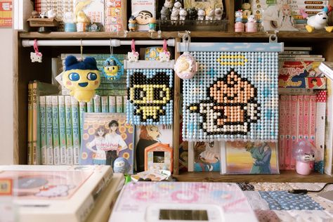 I've just finished making a tamagotchi Kuriten👼🏻 and Mamechi bead curtain!💙 Bead curtains are super popular in Korea at the moment. This is my second bead curtain project. The first one was huge! The beaded curtain and the Tamagotchi mascots are a match made in heaven! 💫.•♬ It's so much easier to create the pattern for smaller ones, and I'm over the moon with how cute it turned out! “:♡.•♬✧⁽⁽ଘ( ˊᵕˋ )ଓ⁾⁾*+:•*∴ #girlsetup #desktour #ａｅｓｔｈｅｔｉｃ #cozyhouse #aesthetic #stickerpack #thatgirllife... Bead Curtain Pattern, Beaded Curtain Pattern, Beaded Curtains Diy, Clutter Core, Beads Curtain, Bead Curtains, Desk Items, Bead Curtain, Beaded Curtain