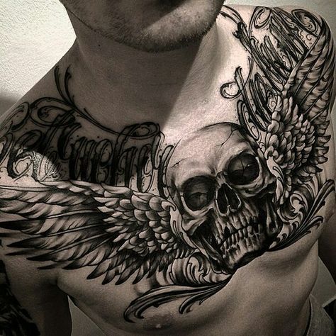 Chest Tattoo Drawings, Skull And Wings, Throat Tattoo, Skull Sleeve Tattoos, Cool Chest Tattoos, Pieces Tattoo, Chest Piece Tattoos, Chest Tattoo Men, Stomach Tattoos