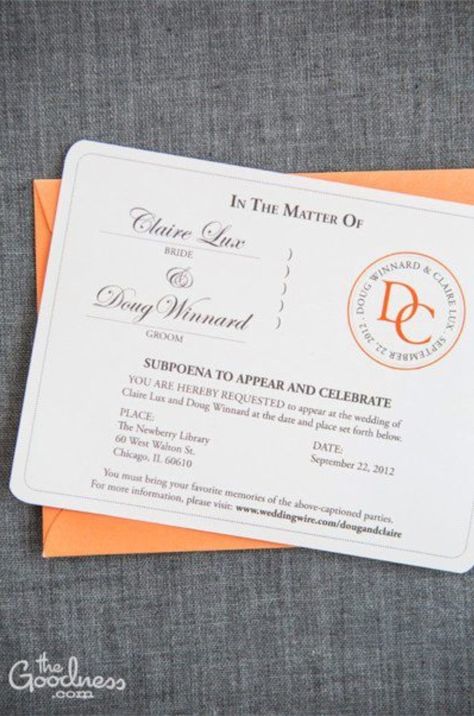 'Subpoena' invites - love the idea, but the layout is not what I had in mind. Lawyer Wedding Ideas, Bar Exam Party, Lawyer Bae, Law School Party, Graduation Law School, Lawyer Wedding, Law School Grad Party, Marriage Theme, Grad Party Invites