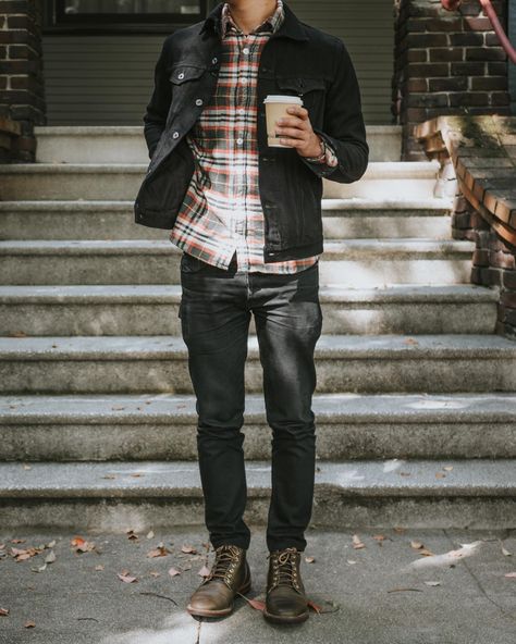 Denim Jacket With Black Jeans, Thursday Boots Men Outfits, Jean Jacket Men, Mens Fashion Casual Outfits, Stylish Mens Outfits, Black Denim Jacket, Men Fashion Casual Outfits, Denim Jacket Men, Mens Winter Fashion