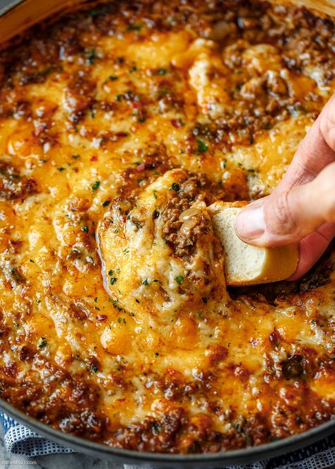 Cheese And Burger Dip, Ugly Dip Ground Beef, Tailgate Food With Ground Beef, Velveeta Ground Beef Dip, Keto Ground Beef Dip Recipes, Potluck Ground Beef Recipes, Buffalo Beef Dip, Sausage Cheese Dip Recipes, Cheesy Beef Dip