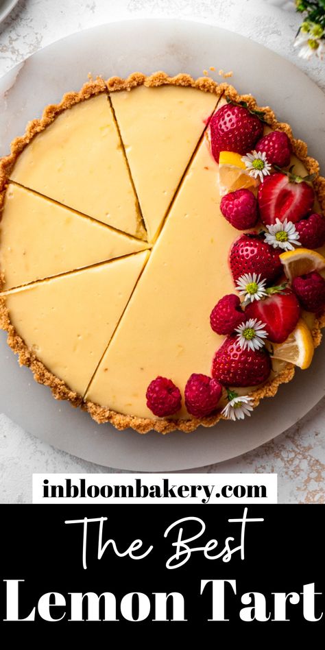 This recipe is for the best lemon tart. It has a Golden Oreo crust, and it’s filled with a creamy and tart lemon custard filling. Beautiful Tarts, Lemon Custard Filling, Tartlet Shells, Lemon Custard Tart, Golden Oreo Crust, In Bloom Bakery, Bloom Bakery, Lemon Tart Recipe, Lemon Pie Recipe