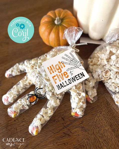 "If you're looking for a fun and simple Halloween treat for neighbors, friends, or classmates, hand out a unique Halloween High Five! These DIY tags were made especially for Halloween popcorn hands, but can be used for any spooky gift. You'll receive access to an editable file so that you can print 6 tags to a page and trim as many as you like. Because little goblins need high fives too!   ♥ DEMO LINK♥  Try before buying! Simply copy and paste the URL below into your browser: https://www.corjl.c Halloween Hand Treat Bags, Halloween Treat For Classmates, Halloween Treat For Classroom, Halloween Ideas For Students, Halloween Popcorn Hands, Halloween Gift Bags For Teachers, Diy Halloween Gifts For Friends, Halloween Cheer Gifts, Halloween Candy Handout Ideas