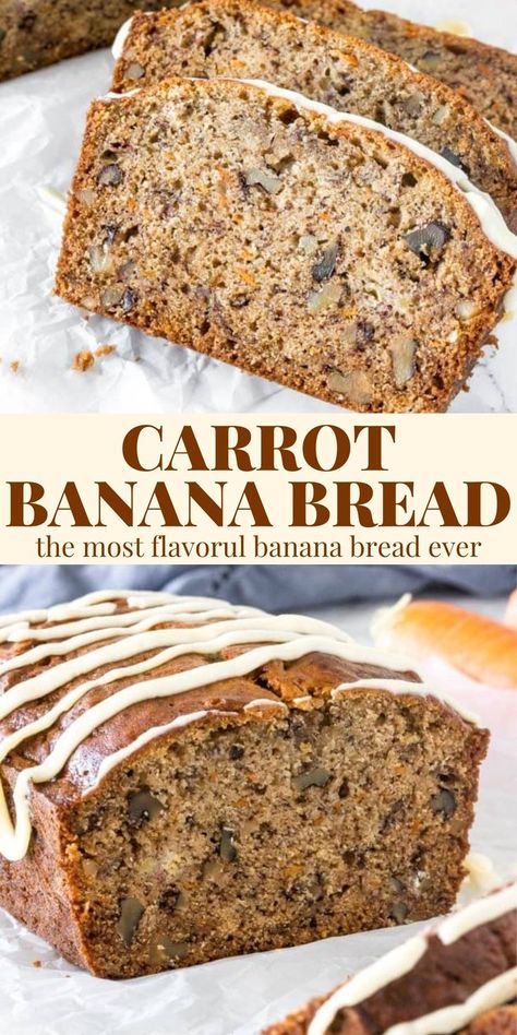 This easy carrot banana bread is one part carrot cake and one part banana bread. It's incredibly moist with a delicious banana bread flavor and a drizzle of cream cheese glaze on top. #carrotbanana #carrotcake #bananabread #recipe #loaf #recipe from Just So Tasty https://www.justsotasty.com/banana-carrot-bread/ Banana Carrot Bread, Carrot Cake Banana Bread, Cake Banana Bread, Carrot Banana Cake, Carrot Bread, Cake Banana, Gluten Free Carrot Cake, Gluten Free Banana Bread, Easy Banana Bread Recipe