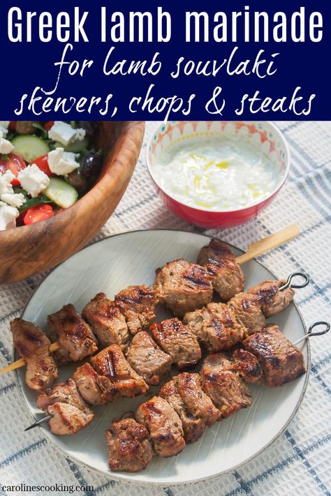 This flavorful Greek lamb marinade is easy to prepare and perfect to make lamb souvlaki skewers, or for larger chops or steaks. Delicious with pita, salad, tzatziki and more. Souvlaki Lamb Recipe, Lamb Souvlaki Marinade, Greek Marinated Lamb Chops, Lamb Souvlaki Recipe, Grilled Greek Style Lamb Chops, Greek Lamb Recipes, Souvlaki Marinade, Gyro-style Lamb Burgers With Tzatziki And Grilled Onions, Lamb Marinade