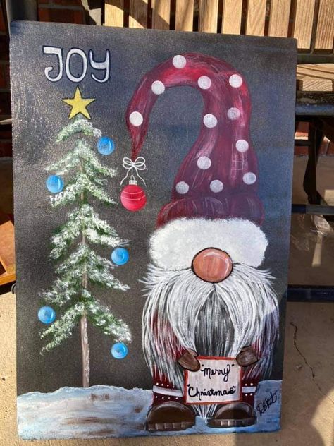 Christmas Gnomes Painting, Kids Christmas Painting, Gnome Wall Hanging, Painted Gnomes, Clothespin Crafts Christmas, Gnome Paint, Santa Paintings, Farmhouse Paintings, Christmas Paintings On Canvas