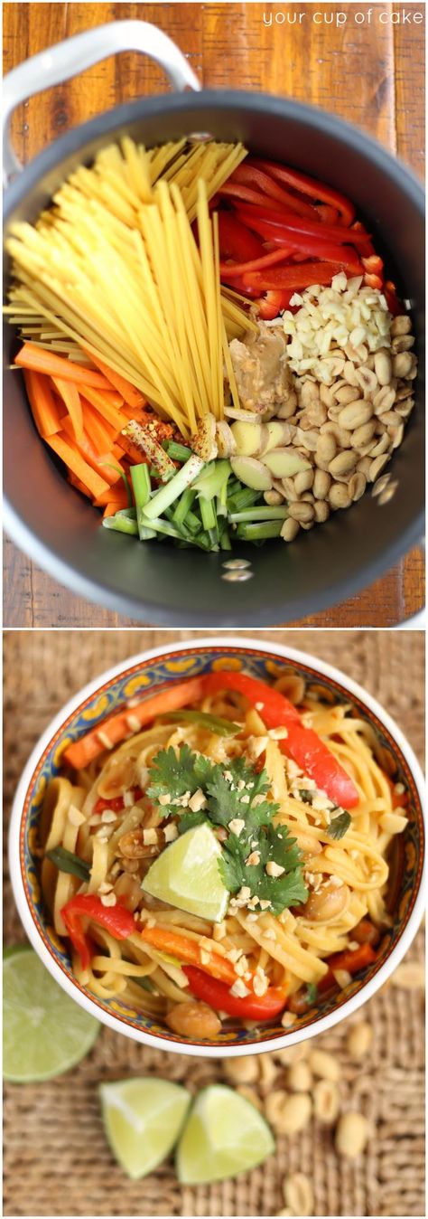 One Pot Thai Peanut Pasta by yourcupofcake #Pasta #Thai #Easy One Pot Thai Noodles, One Pot Pad Thai Recipe, One Pot Pad Thai, Thai Peanut Pasta, One Pot Thai, Peanut Pasta, Cup Of Cake, Thai Peanut, Cake Vegan