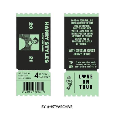 Harry Styles Love On Tour Tickets, Cool Ticket Design, Cute Ticket Design, Harry Styles Tickets, Ticket Design Ideas, Love Tickets, Tickets Design, Pink Tickets, Ticket Sticker