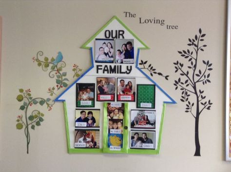 My family picture board Family Display Preschool, Family Wall In Preschool, My Family Collage Preschool, Family Frame Craft Preschool, Family Banner School Project, Family Wall Decor Classroom, Family Pictures Classroom Display, Family Classroom Board, Pre K Family Tree Ideas